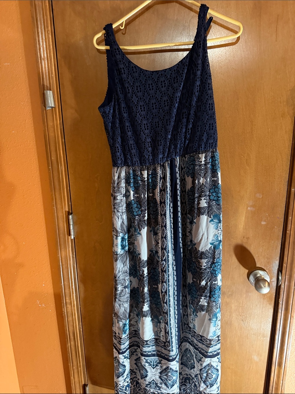 Navy and Teal Floral Maxi Dress with Lace Bodice